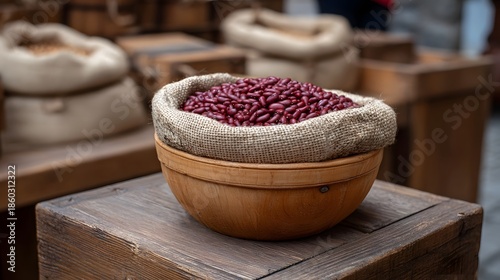A rustic wooden bowl filled with uncooked red beans lined with burlap sits on a wooden crate with sacks of produce in the background