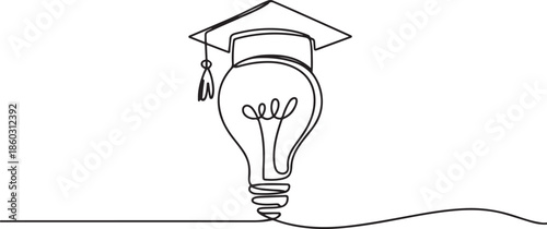 One single line drawing of bright lightbulb wearing graduation cap logo identity. Smart study academy logotype icon template concept. one line Icon drawing