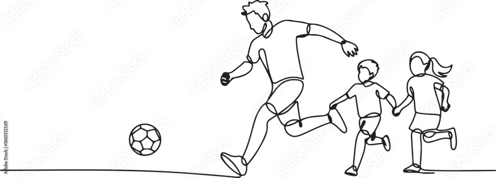 Fototapeta premium One single line drawing of young father run and play football soccer with his son and daughter at public park vector illustration. Happy family parenting concept. one line Icon drawing