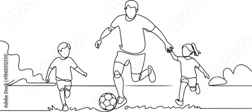One single line drawing of young father run and play football soccer with his son and daughter at public park vector illustration. Happy family parenting concept. one line Icon drawing