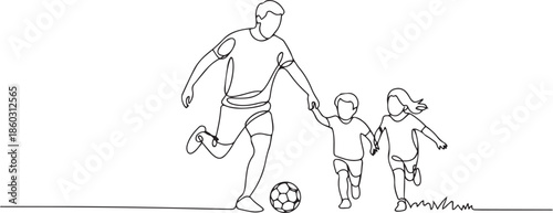One single line drawing of young father run and play football soccer with his son and daughter at public park vector illustration. Happy family parenting concept. one line Icon drawing