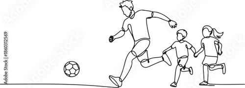 One single line drawing of young father run and play football soccer with his son and daughter at public park vector illustration. Happy family parenting concept. one line Icon drawing