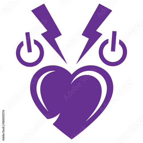 Purple heart symbol with lightning bolts and power buttons representing energy and vitality