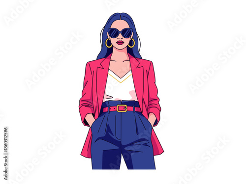 Stylish Woman in Red Blazer and Blue Shorts