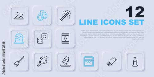 Set line Hand saw, Burning candle, Game dice, Antique treasure chest, Magic ball, hand mirror, Handcuffs and thimbles icon. Vector
