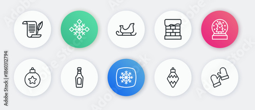 Set line Snowflake, Christmas snow globe, ball, toy, chimney, santa claus sleigh, mittens and Champagne bottle icon. Vector