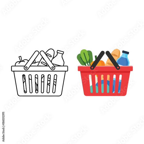 A visual comparison of a shopping basket in outline and a full color illustration displaying groceries