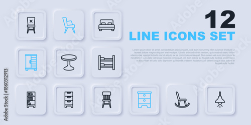 Set line Armchair, Lamp hanging, Round table, Furniture nightstand, Wardrobe, Chest of drawers, and Chair icon. Vector