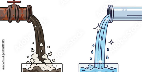 Clean and dirty water flowing from pipes into glasses.