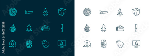 Set line Mustache and beard, Tree rings, Wooden log, Electric circular saw, and Hand icon. Vector