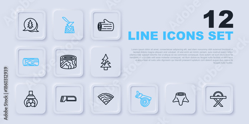 Set line Tree stump, Electric circular saw, Wooden logs, Hand and, Hacksaw, axe in and beam icon. Vector
