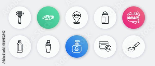 Set line Tube of hand cream, Bar soap, Bottle shampoo, Cream or lotion cosmetic tube, Deodorant roll, Smiling lips, Lip augmentation and icon. Vector