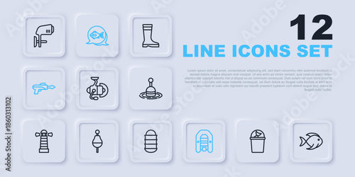 Set line Fishing bucket with fish, Spinning reel for fishing, Inflatable boat motor, harpoon, float, and net icon. Vector