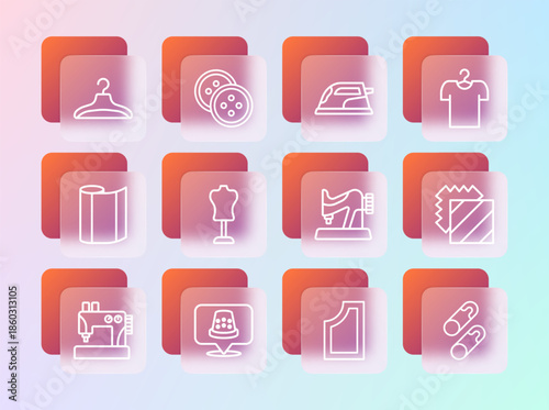 Set line T-shirt on hanger, Thimble for sewing, Sewing machine, pattern, Mannequin, Electric iron, Hanger wardrobe and button clothes icon. Vector