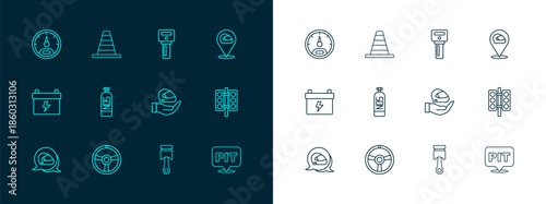 Set line Racing helmet, steering wheel, Engine piston, Nitrous oxide, Car key with remote, Speedometer and Traffic cone icon. Vector