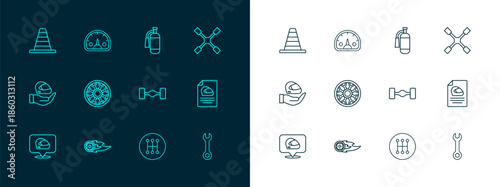 Set line Wheel wrench, in fire flame, Chassis car, Gear shifter, Alloy wheel for, Fire extinguisher, Traffic cone and Speedometer icon. Vector