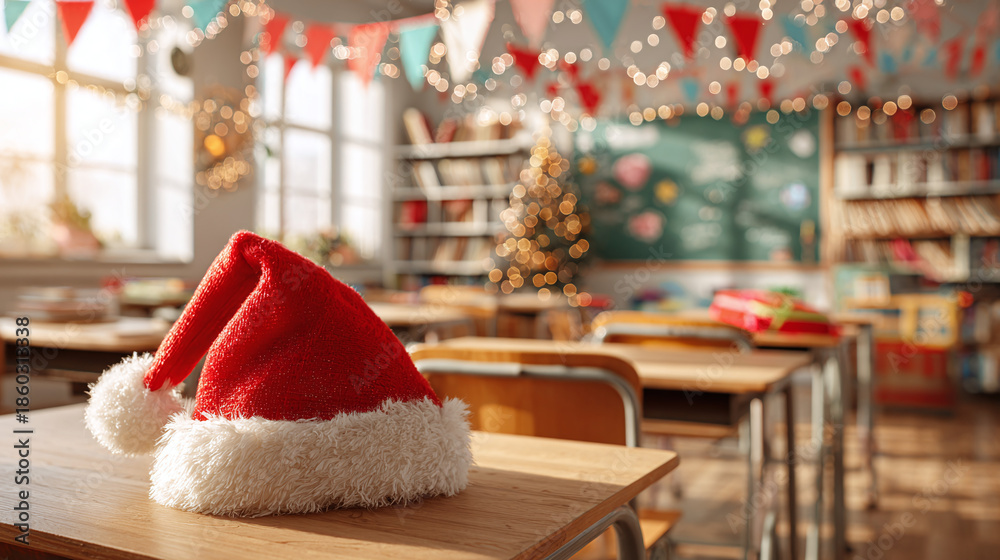 Fototapeta premium Festive classroom with lights and a tree, ready for the holiday. A red and white hat rests on a desk, waiting for the school's celebration.