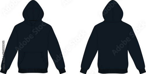 Black hooded sweatshirt illustration, front back view, kangaroo pocket, drawstring hood, ribbed cuffs and hem, casual wear, fashion sketch, garment design