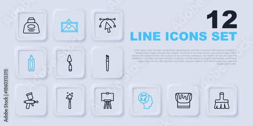 Set line Paint bucket, brush, Palette knife, spray, Marker pen, Magic wand, Picture landscape and Wood easel icon. Vector