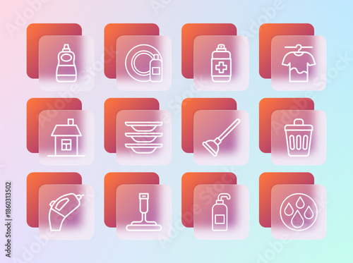 Set line Drying clothes, Rubber cleaner for windows, plunger, Antibacterial soap, Washing dishes, Dishwashing liquid bottle and and plate icon. Vector