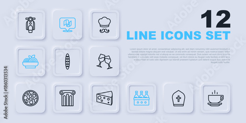 Set line Pope hat, Coffee cup, French baguette bread, Bottles wine, Pasta spaghetti, Ancient column, Flag Italy and Cheese icon. Vector