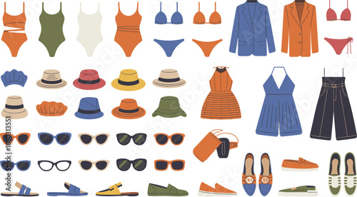 Large collection of summer fashion illustrations including swimwear, dresses, hats, sunglasses and shoes, isolated on white for vacation wardrobe planning and apparel design projects.