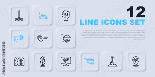 Set line Shovel, Location with leaf, Leaf garden blower, Wheelbarrow, Garden hose, Flower, Lawn mower and icon. Vector