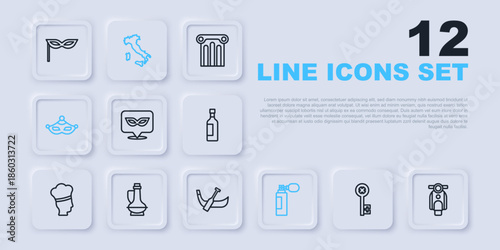 Set line Old key, Scooter, Carnival mask, Perfume, Bottle of olive oil, Map Italy and Gondola boat icon. Vector