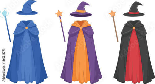 magical cloak and staff, fantasy outfit collection, sorcerer attire, enchanted robe illustration, mystical hat design, vector character accessories