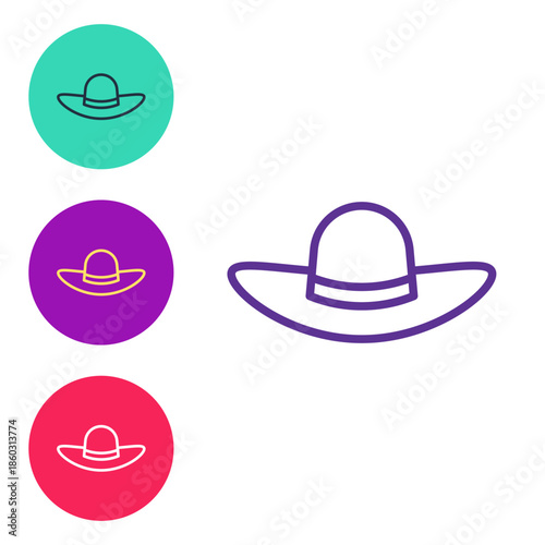 Set line Elegant women hat icon isolated on white background. Set icons colorful. Vector