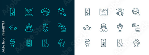 Set line Search taxi, Taxi mobile app, Location with star, Mobile banking, driver, call telephone service, and icon. Vector