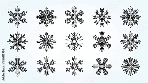 Set of vector snowflakes and winter ornaments featuring seamless pattern designs for Christmas holiday decorations and cold season ice star illustrations