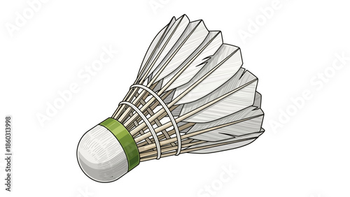 A single feather birdie shuttlecock and metal racket are isolated on white for sports competition and leisure play activity