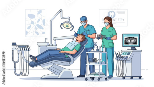 A cartoon illustration of a doctor and nurse working at a desk with a laptop and monitor while a patient visits them in a professional hospital office room