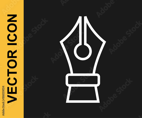White line Fountain pen nib icon isolated on black background. Pen tool sign. Vector
