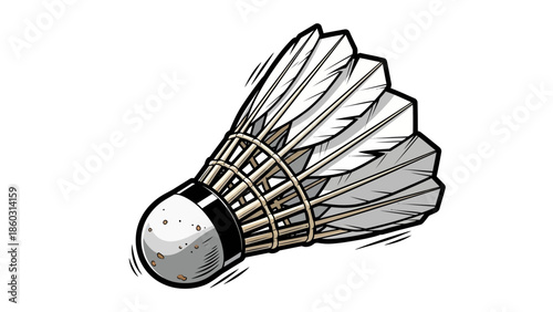 A single feather badminton shuttlecock and silver metal racket isolated on a white background for sports activity and leisure game equipment