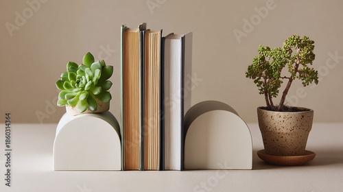 Books standing upright held by arched bookends, succulents are sitting on top of one bookend and beside the books on the other side.