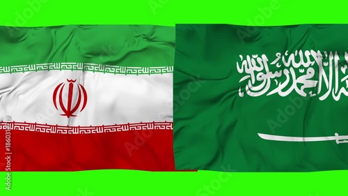 Iran v Saudi Arabia flag animation on green background. 4K