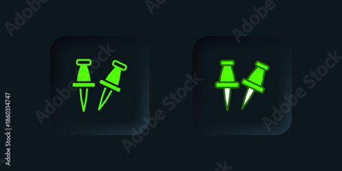 Green Push pin icon isolated on black background. Thumbtacks sign. Black square button. Vector