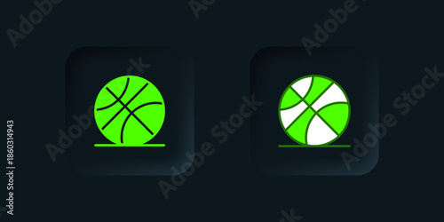 Green Basketball ball icon isolated on black background. Sport symbol. Black square button. Vector