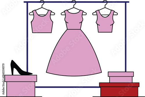 Pink fashion, wardrobe setup, crop tops, sleeveless dress, high heel, boutique display, clothing rack, stylish boxes, vector illustration, organized closet