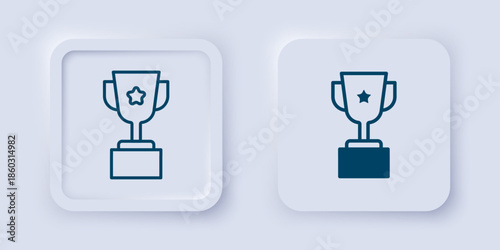 Filled and outline Award cup icon isolated on grey background. Winner trophy symbol. Championship or competition trophy. Sports achievement sign. Square button. Vector