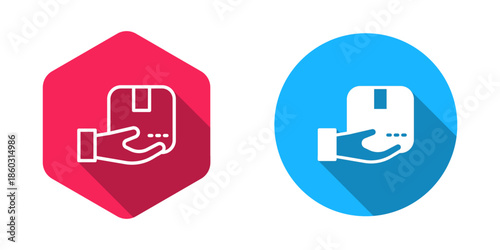 Filled and outline Delivery hand with cardboard boxes icon isolated with long shadow background. Door to door delivery by courier. Vector