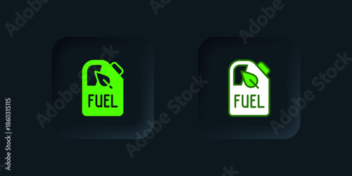 Green Bio fuel canister icon isolated on black background. Eco bio and barrel. Green environment and recycle. Black square button. Vector