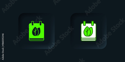 Green Calendar with autumn leaves icon isolated on black background. Black square button. Vector
