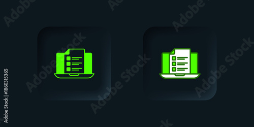 Green Online quiz, test, survey or checklist icon isolated on black background. Exam list. E-education concept. Black square button. Vector