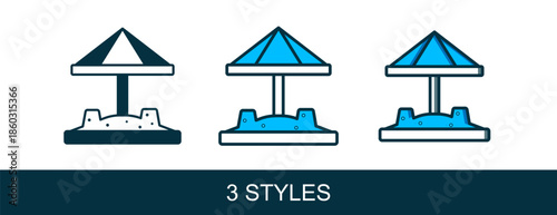 Filled outline Sandbox for kids with sand and umbrella icon isolated on white background. Vector