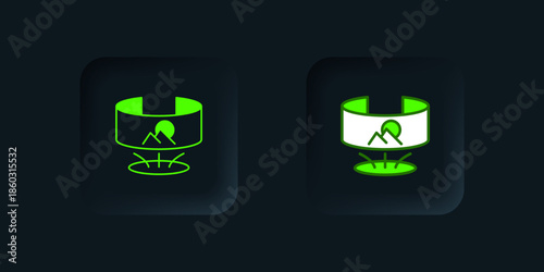 Green 360 degree view icon isolated on black background. Virtual reality. Angle 360 degree camera. Panorama photo. Black square button. Vector