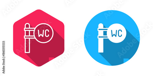 Filled and outline Toilet icon isolated with long shadow background. WC sign. Washroom. Vector