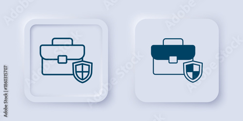 Filled and outline Briefcase with shield icon isolated on grey background. Insurance concept. Security, safety, protection, protect concept. Square button. Vector